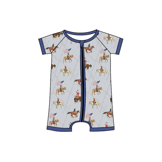 presale SR3066 Baby Boys Hot Blue Horse Rodeo Flags 4th Of July Zipper Rompers D 4.8