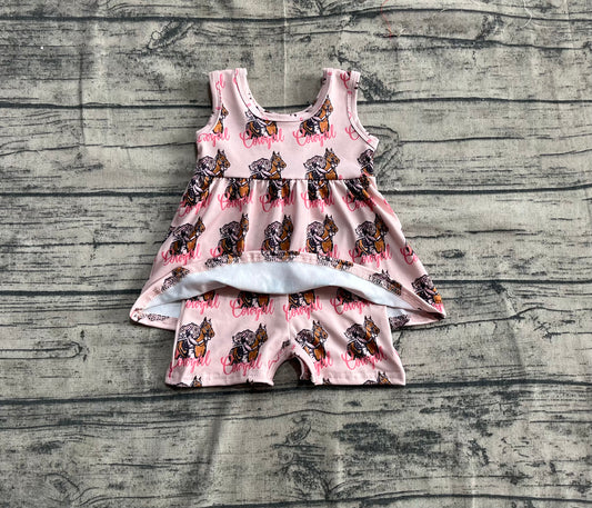 presale SR3072  Baby Girls Pink Sleeveless Horses Rodeos Cowgirl Skort Jumpsuits D 4.21