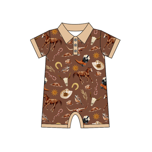 presale SR3076  Baby Boys Brown Short Sleeves Button Boots Horses Rompers D 4.9