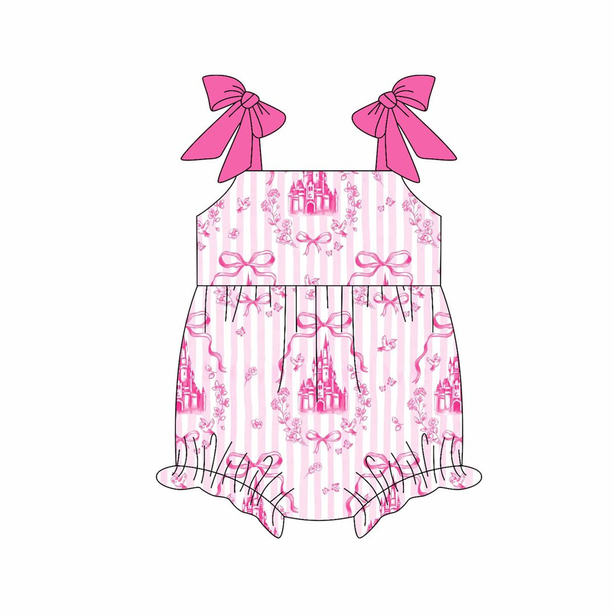 SR3077 Baby Boys Girls Pink Strap Castles Bows Ruffle Rompers D 8.5