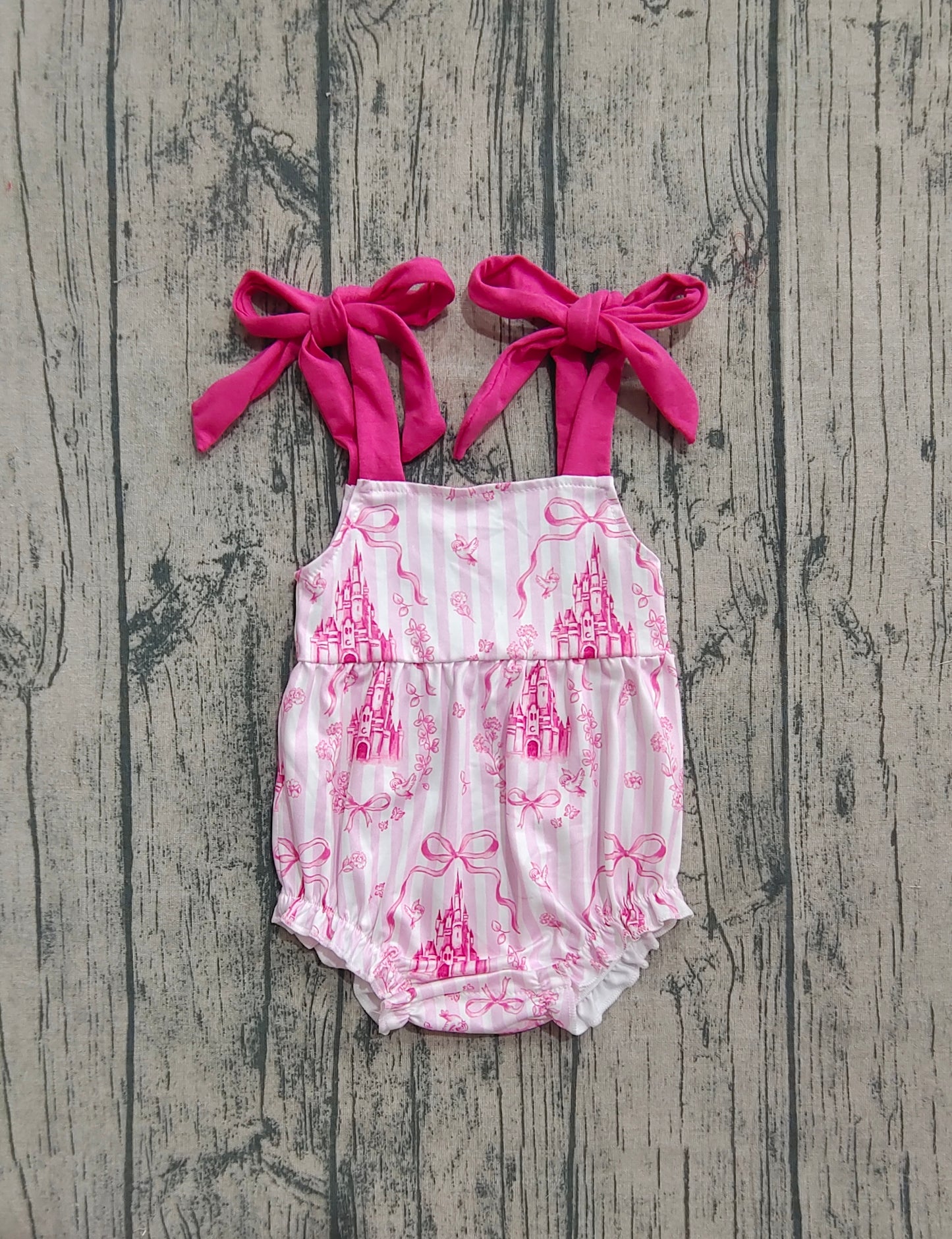 SR3077 Baby Boys Girls Pink Strap Castles Bows Ruffle Rompers D 8.5