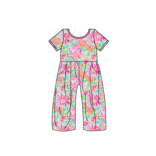 presale SR3088 Baby Girls Short Sleeves Hot Pink Watercolor Floral Pockets Jumpsuits   D 4.21