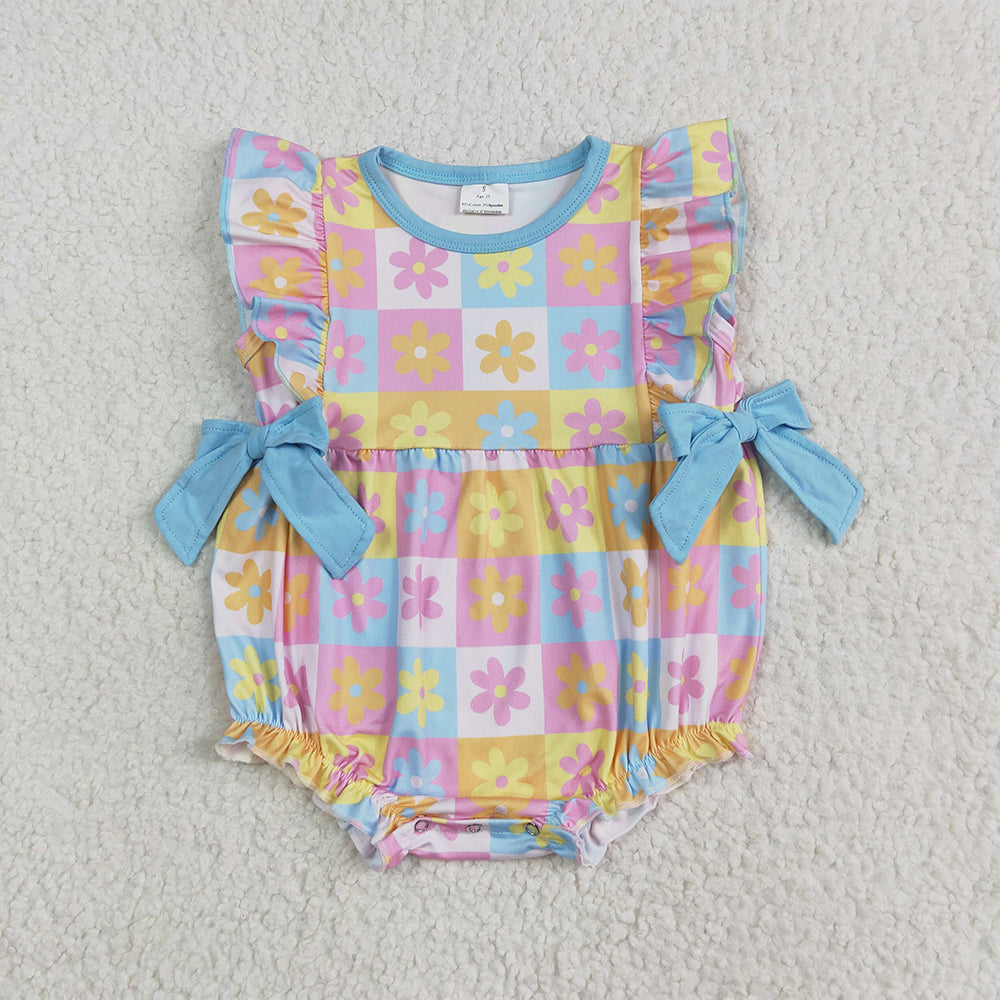 SR3090 Baby Girls Flutter Sleeves Bows Flowers Plaid Ruffle Rompers D 6.5