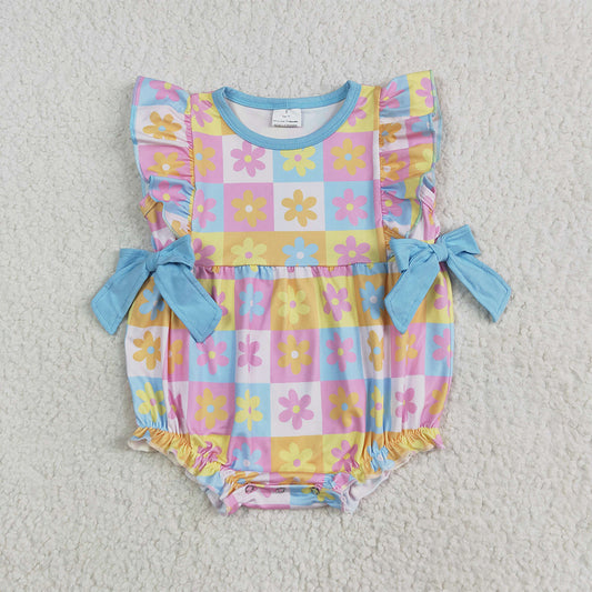 SR3090 Baby Girls Flutter Sleeves Bows Flowers Plaid Ruffle Rompers D 6.5