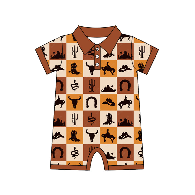 presale SR3094 Baby Infant Boys Khaki Short Sleeves Bull Skull Button Rompers  D 4.25