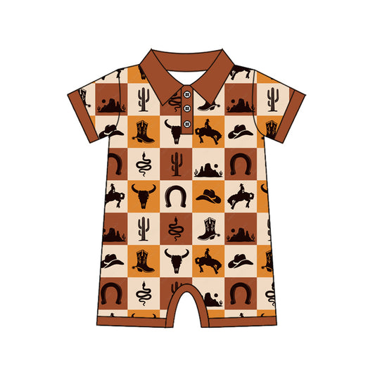 presale SR3094 Baby Infant Boys Khaki Short Sleeves Bull Skull Button Rompers  D 4.25