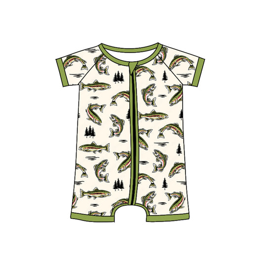 presale SR3095 Baby Infant Boys Green Short Sleeves Fishes Zipper Rompers D 4.25
