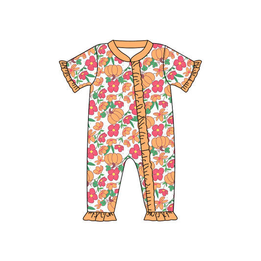 presale SR3096 Baby Infant Girls Short Ruffle Sleeves Flowers Pumpkins Zipper Rompers D 4.25