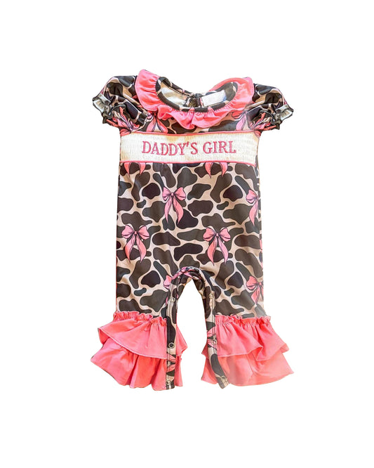 presale SR3106 Baby Infant Girls Short Ruffle Sleeves Olive Camo Bows Daddy's Girl Pant Rompers D 5.9