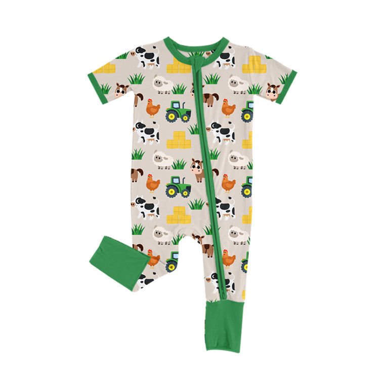 presale SR3108 Baby Infant Boys Green Short Sleeves Chicks Ships Zipper Farm Rompers  D 5.9
