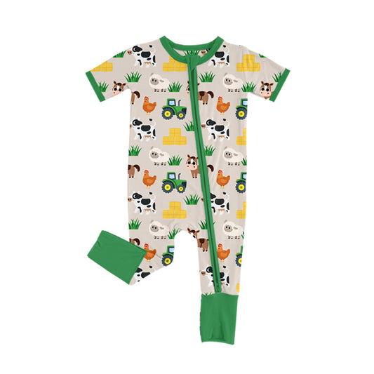 presale SR3108 Baby Infant Boys Green Short Sleeves Chicks Ships Zipper Farm Rompers D 5.9