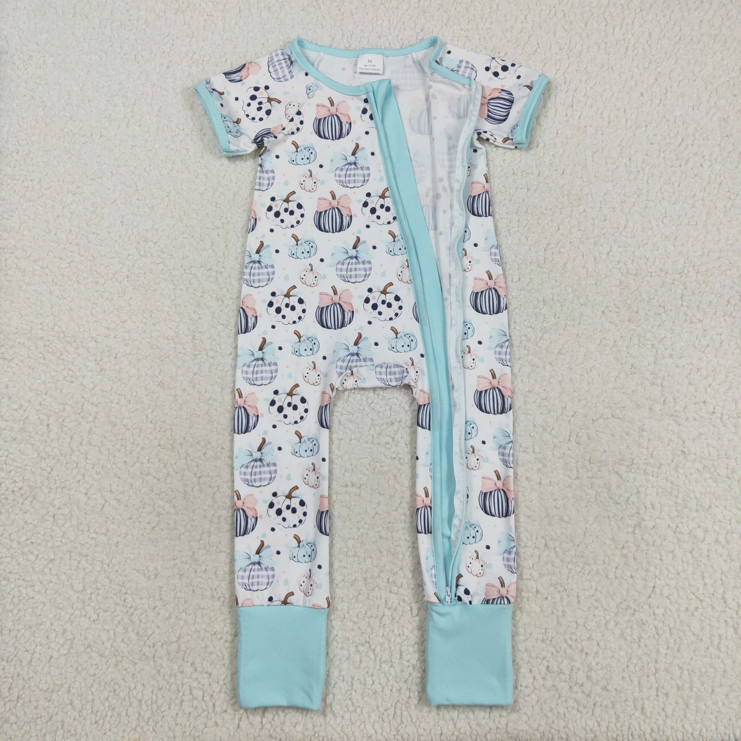 SR3109  Baby Infant Girls Blue Short Sleeves Bows Pumpkins Zipper Rompers D 7.28