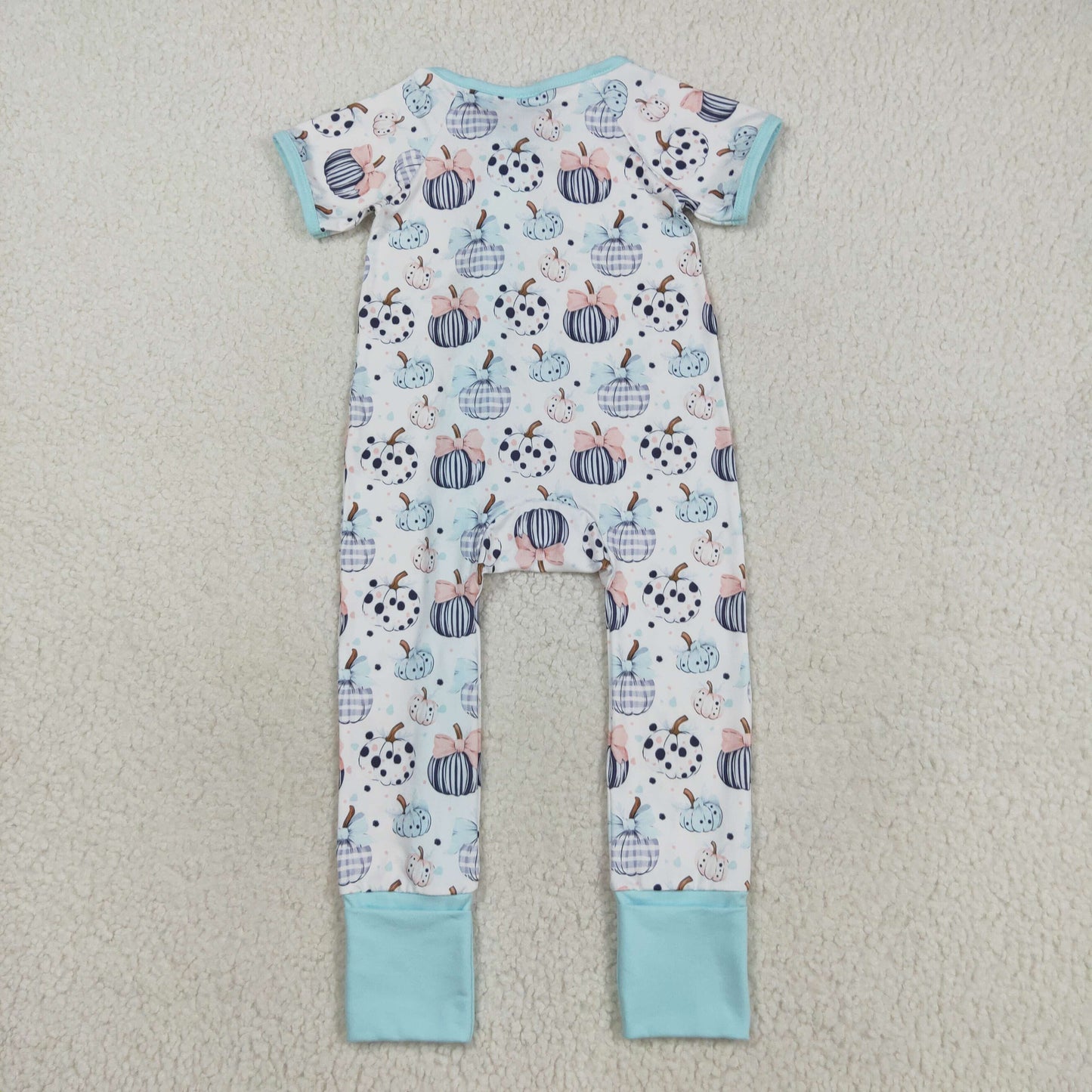 SR3109  Baby Infant Girls Blue Short Sleeves Bows Pumpkins Zipper Rompers D 7.28