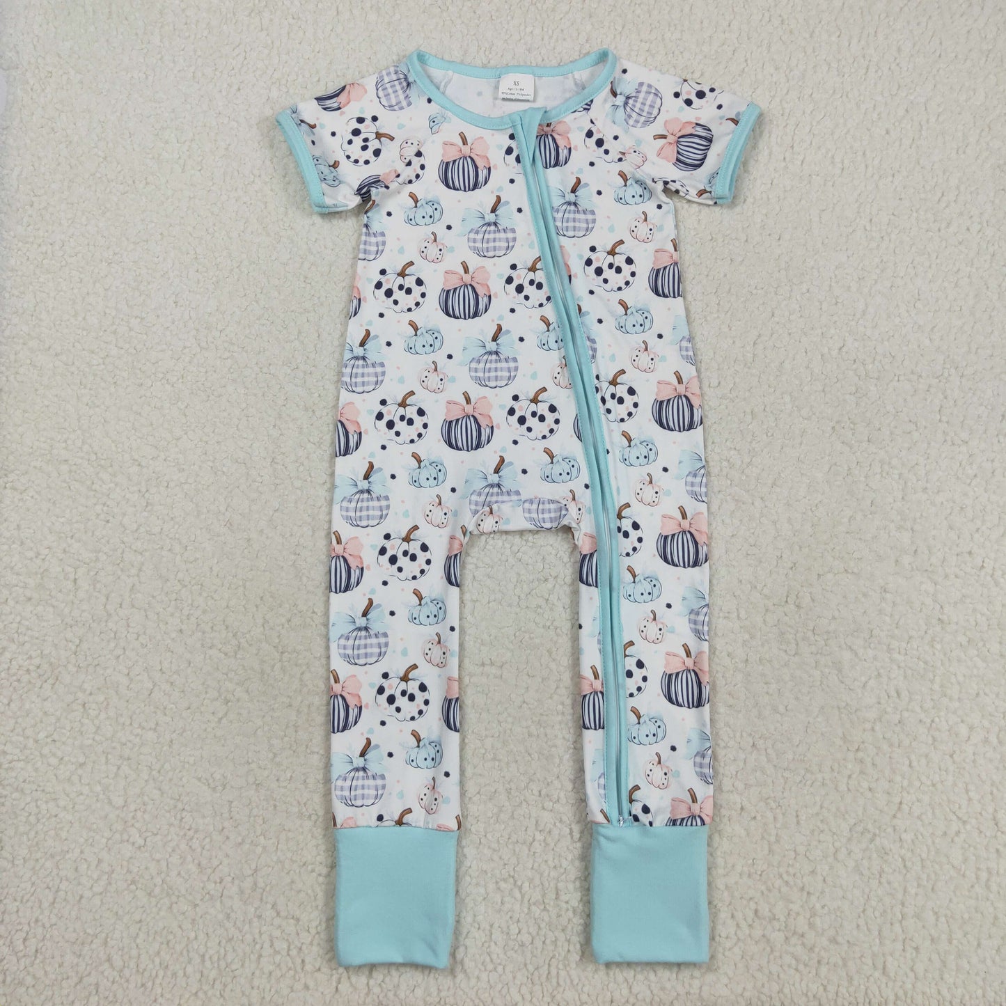 SR3109  Baby Infant Girls Blue Short Sleeves Bows Pumpkins Zipper Rompers D 7.28