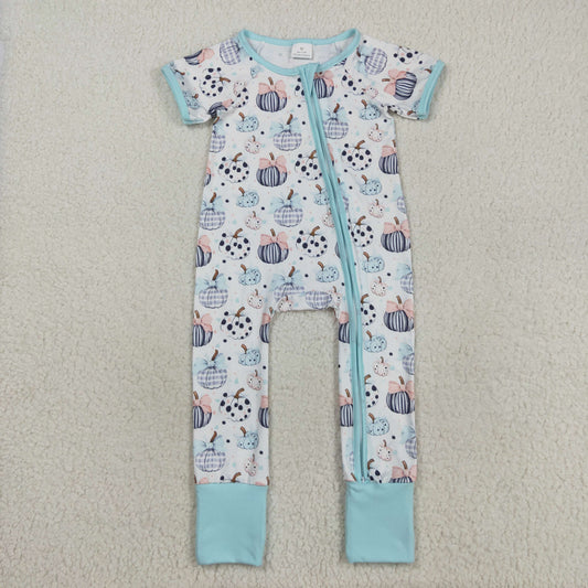 SR3109  Baby Infant Girls Blue Short Sleeves Bows Pumpkins Zipper Rompers D 7.28