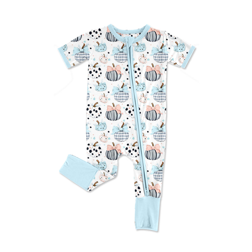 SR3109  Baby Infant Girls Blue Short Sleeves Bows Pumpkins Zipper Rompers D 7.28