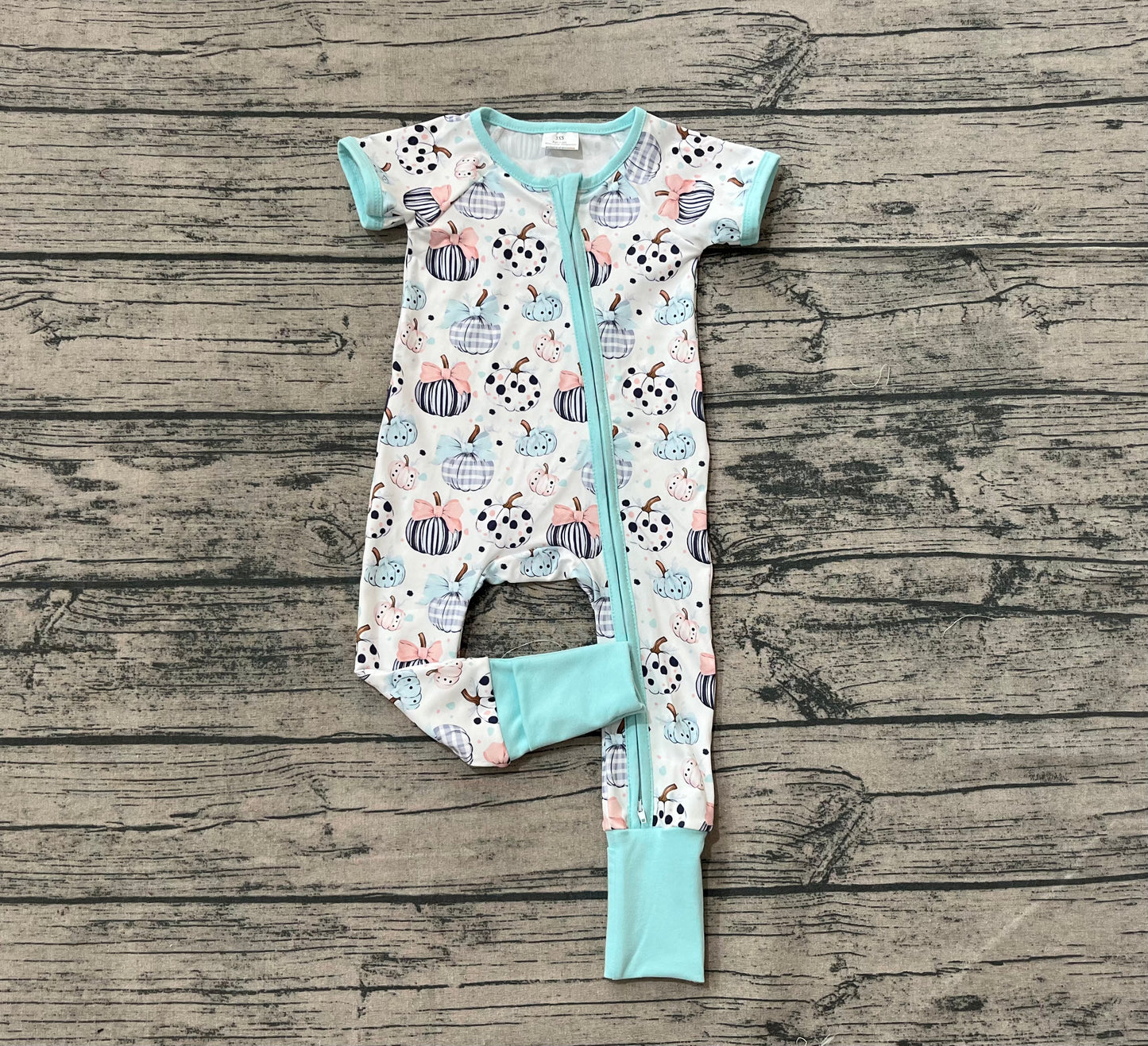 SR3109  Baby Infant Girls Blue Short Sleeves Bows Pumpkins Zipper Rompers D 7.28