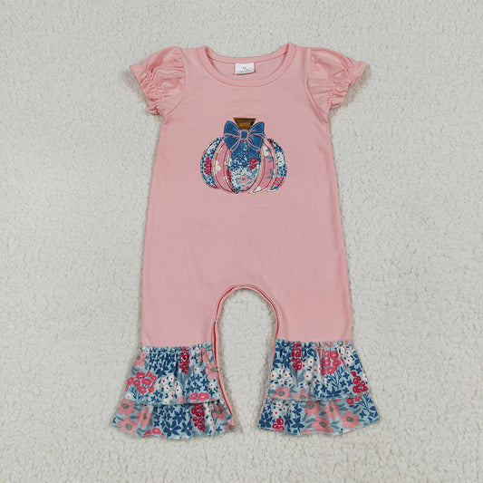 SR3112 Baby Girls Pink Short Ruffle Sleeves Floral Pumpkins Rompers  D 6.3