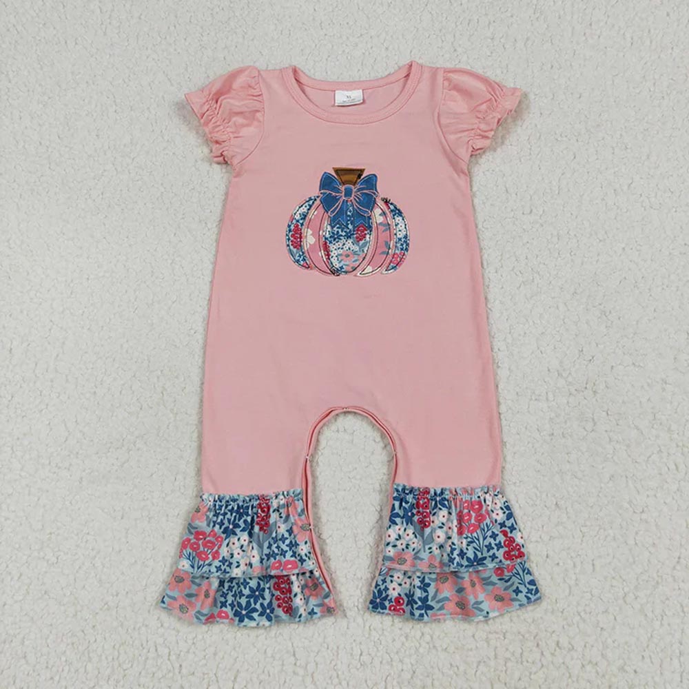 Sibling Embroidery Baby Girls Pink Floral Pumpkin Rompers Dresses Outfits D 7.7