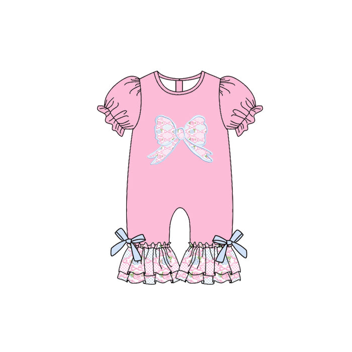 presale SR3113  Baby Girls Pink Short Ruffle Sleeves Floral Bows Pant Rompers D 5.23