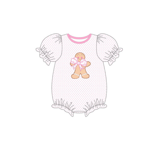 presale SR3114 Baby Girls Short Sleeves Pink Polka Dots Bows Gingerbread Ruffle Rompers D 5.23