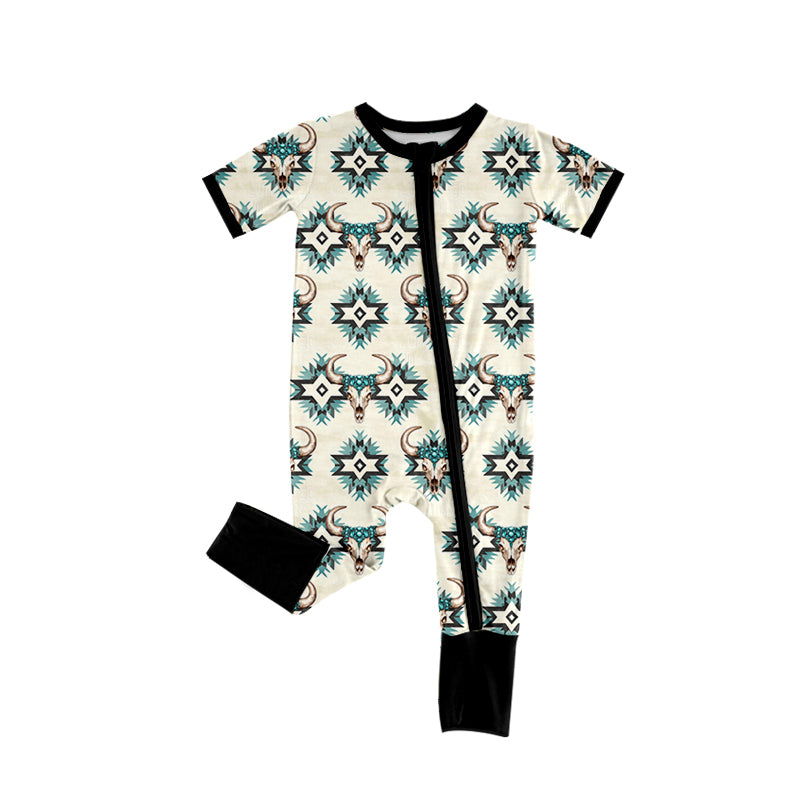 presale SR3115 Baby Boys Short Sleeves Aztec Bull Skull Zipper Rompers D 5.23