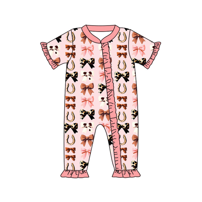 SR3116 Baby Girls Pink Short Ruffle Sleeves Bows Horse Shoes Zipper Rompers D 7.5
