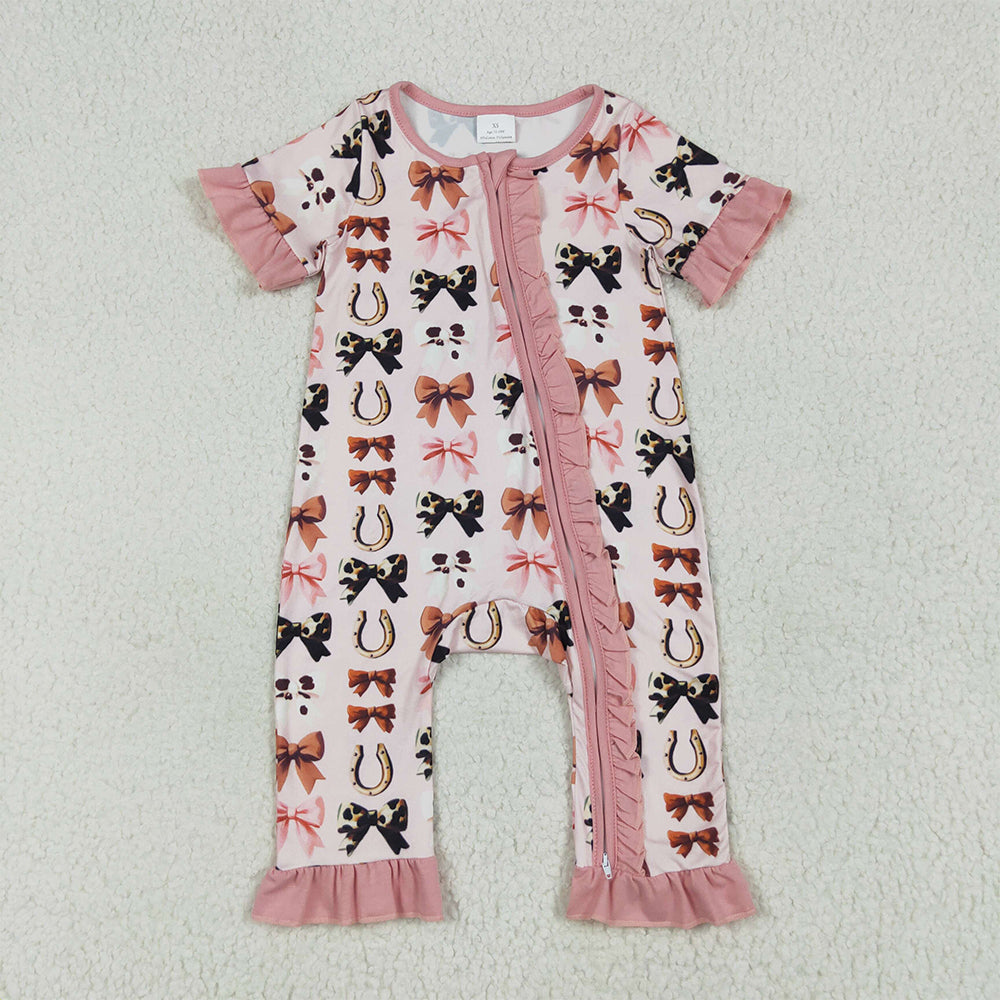 Sibling Baby Girls Pink Western Bows Horse Shoes Rompers Pajamas  D 7.5