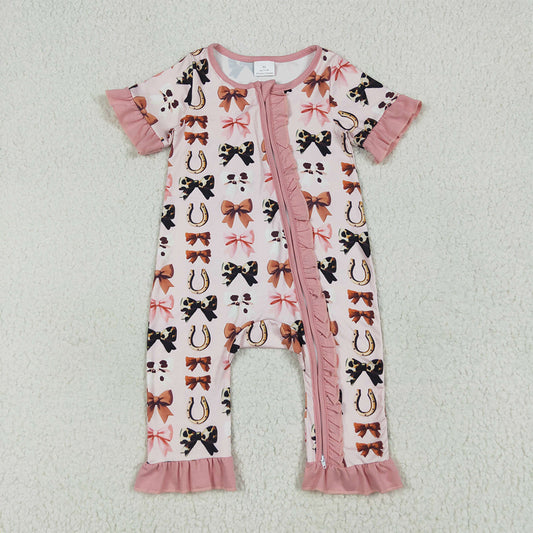 SR3116 Baby Girls Pink Short Ruffle Sleeves Bows Horse Shoes Zipper Rompers D 7.5