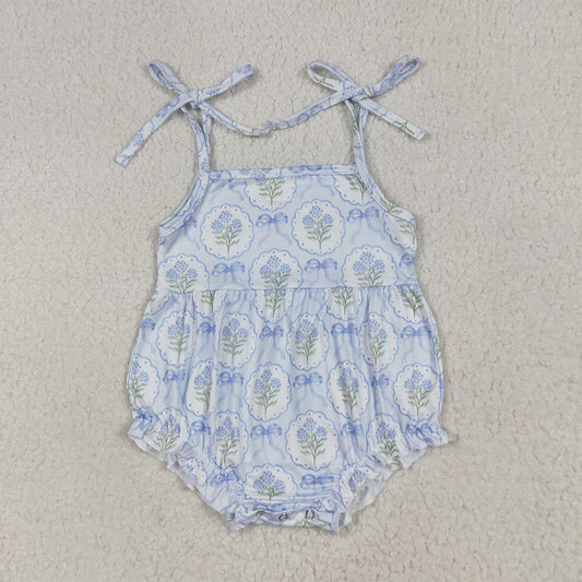 SR3117 Baby Girls Blue Strap Bows Flowers Plaid Ruffle Rompers D 6.28