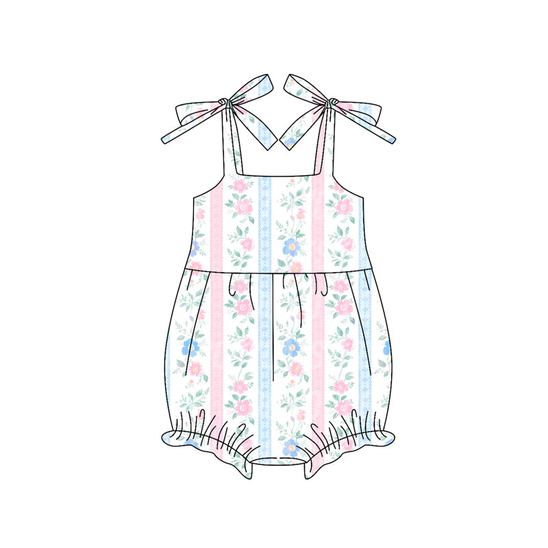 presale SR3118 Baby Girls Pink Strap Flowers Stripe Ruffle Rompers D 5.24