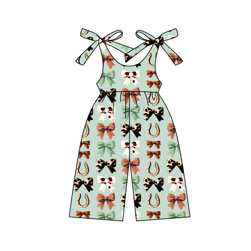 presale SR3119 Baby Girls Green Strap Bows Horse Shoes Pant Jumpsuits   D 5.24