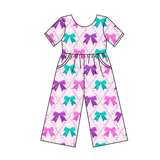 presale SR3120  Baby Girls Pink Short Sleeves Colorful Bows Plaid Pocket Pant Jumpsuits  D 5.24