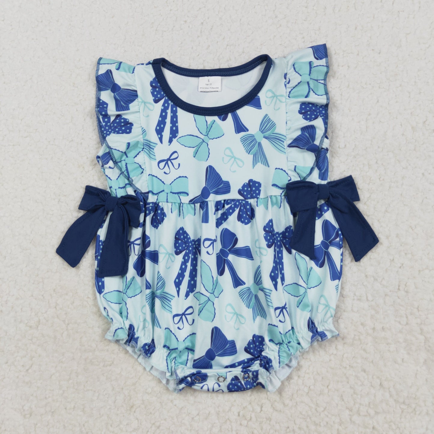 SR3121 Baby Girls Hot Blue Flutter Sleeves Bows Ruffle Rompers  D 821