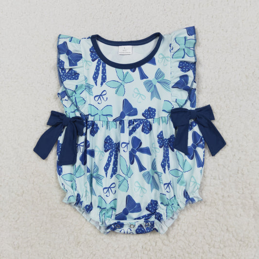SR3121 Baby Girls Hot Blue Flutter Sleeves Bows Ruffle Rompers D 821
