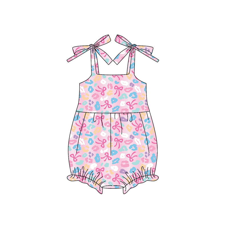 presale SR3124 Baby Girls Pink Strap Colorful Bows Leopard Ruffle Rompers  D 5.24