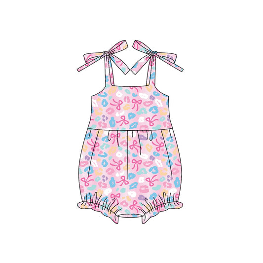 presale SR3124 Baby Girls Pink Strap Colorful Bows Leopard Ruffle Rompers  D 5.24
