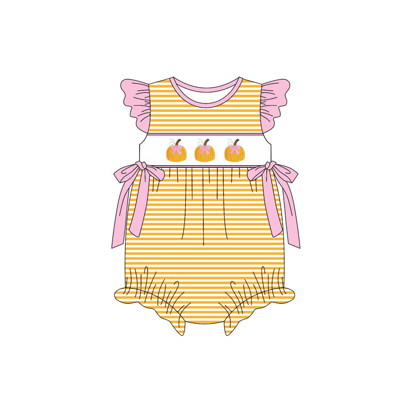 SR3125  Baby Girls Flutter Sleeves Yellow Stripe Pumpkins Ruffle Rompers D 828