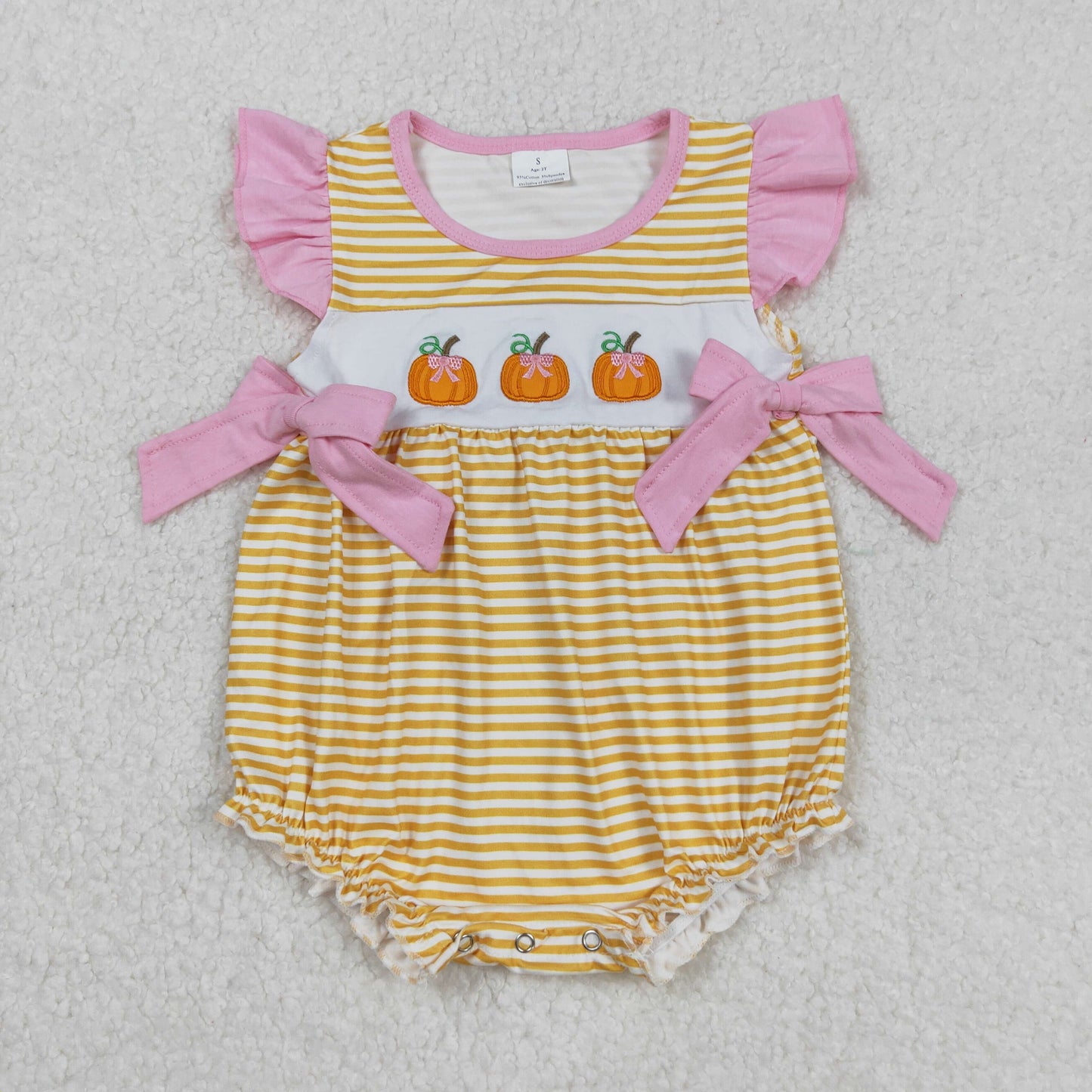 SR3125  Baby Girls Flutter Sleeves Yellow Stripe Pumpkins Ruffle Rompers D 828