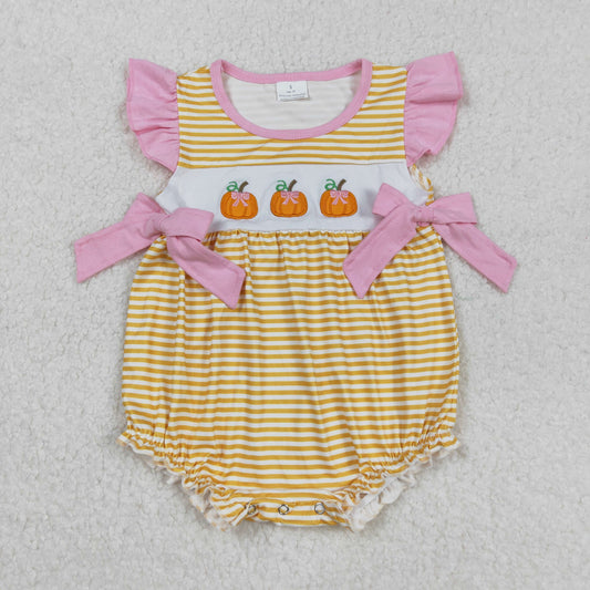 SR3125 Baby Girls Flutter Sleeves Yellow Stripe Pumpkins Ruffle Rompers D 828