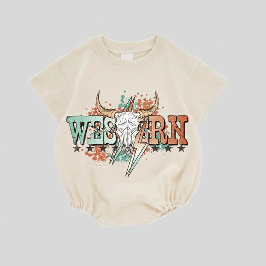 presale SR3127 Baby Kids Short Sleeves Western Bull Skull Rompers D 5.26
