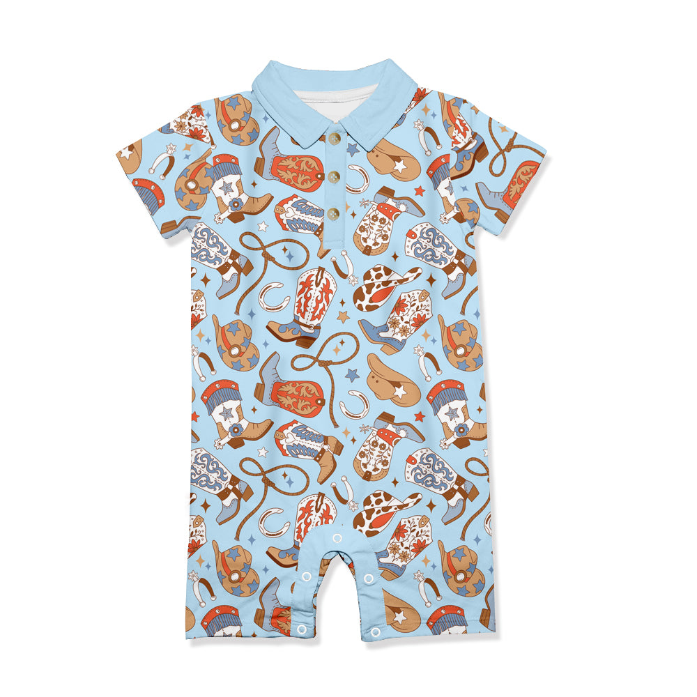 SR3128 Baby Kids Blue Short Sleeves Boots Hats Button Rompers D 6.18
