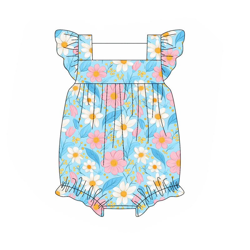 presale SR3129 Baby Girls Blue Flutter Sleeves Daisy Flowers Ruffle Rompers  D 5.27