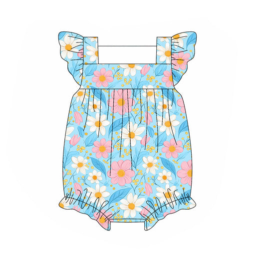 presale SR3129 Baby Girls Blue Flutter Sleeves Daisy Flowers Ruffle Rompers D 5.27
