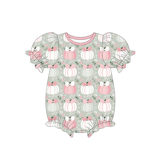 presale SR3130 Baby Girls Short Sleeves Pink Bows Pumpkins Ruffle Rompers D 5.27