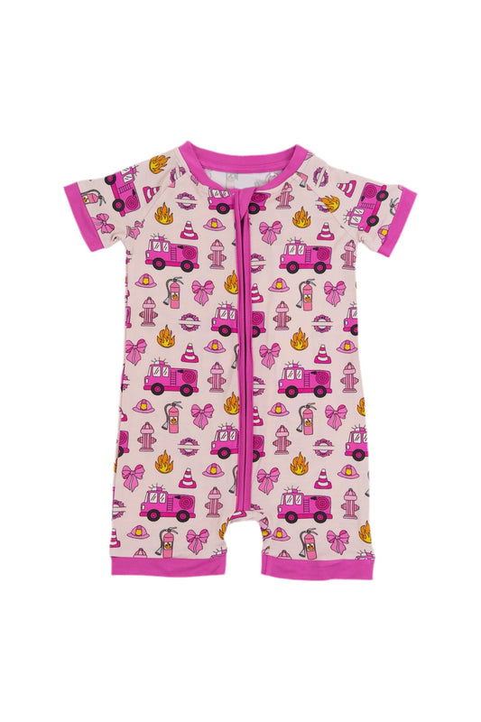 presale SR3131 Baby Girls Short Sleeves Hot Pink Firetrucks Zipper Rompers  D 5.27