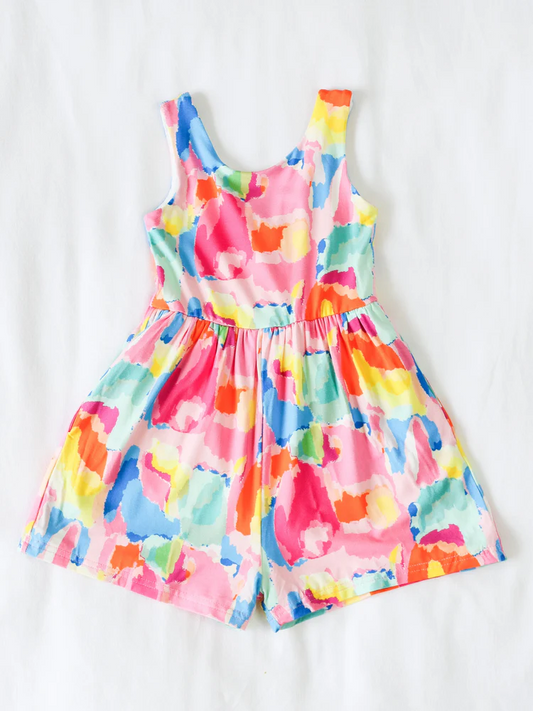 presale SR3133  Baby Girls Sleeveless Watercolor Camo Short Jumpsuits D 5.27