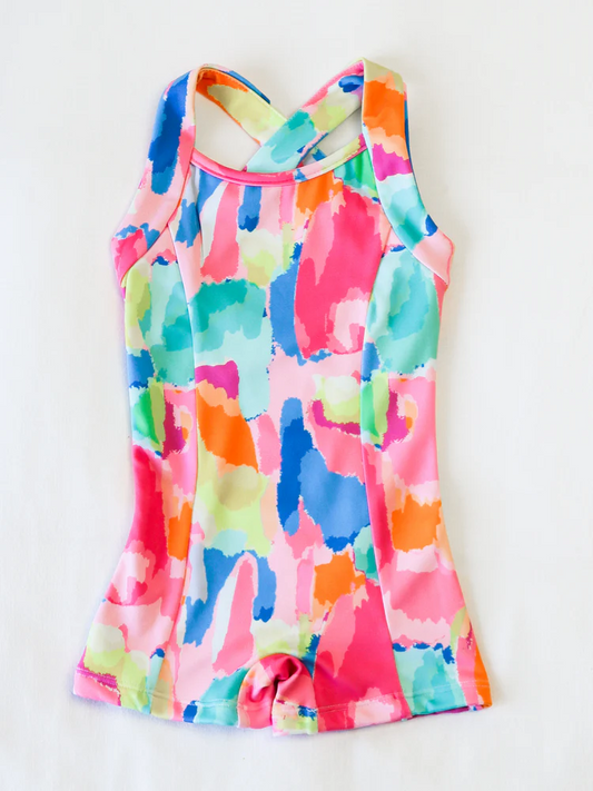 presale SR3134 Baby Girls Strap Watercolor Camo Yoga Short Jumpsuits  D 5.27