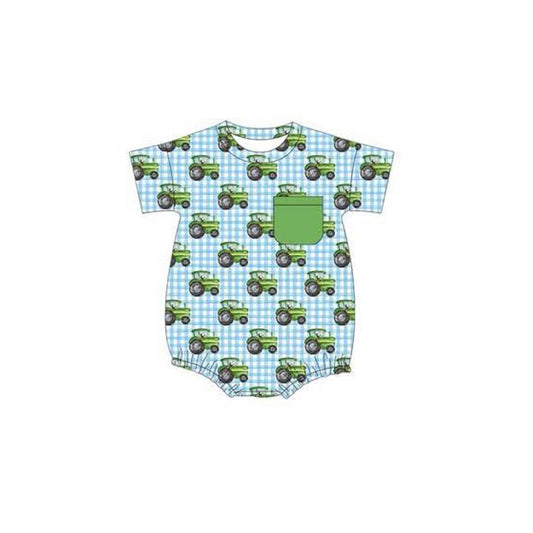 presale SR3137 Baby Boys Short Sleeves Trucks Blue Plaid Pocket Farm Bummies Rompers  D 5.29