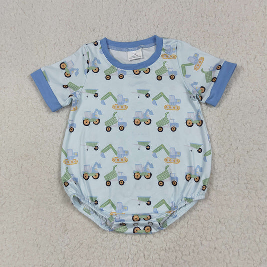 SR3142 Baby Boys Short Sleeves Blue Excavators Plaid Rompers D 6.16